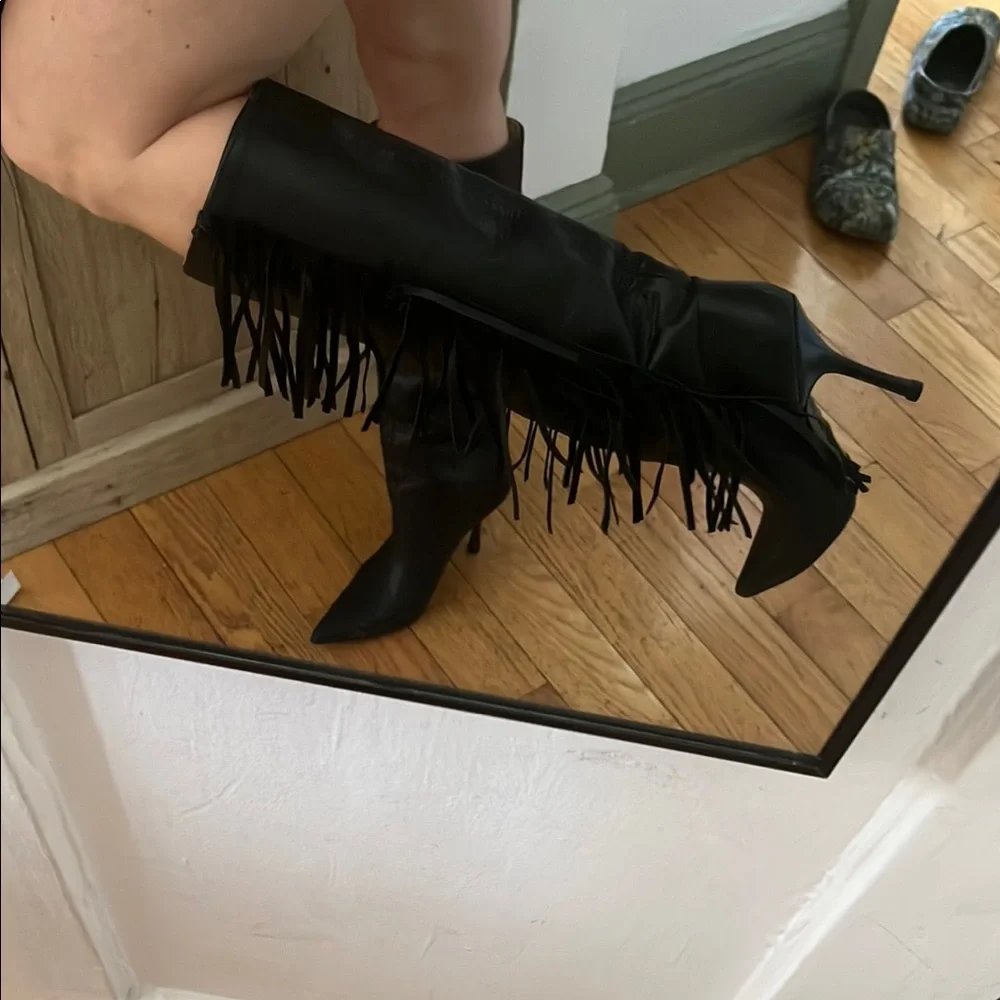 Jimmy Choo Black Fringe Heeled Boots - Picture 7 of 8